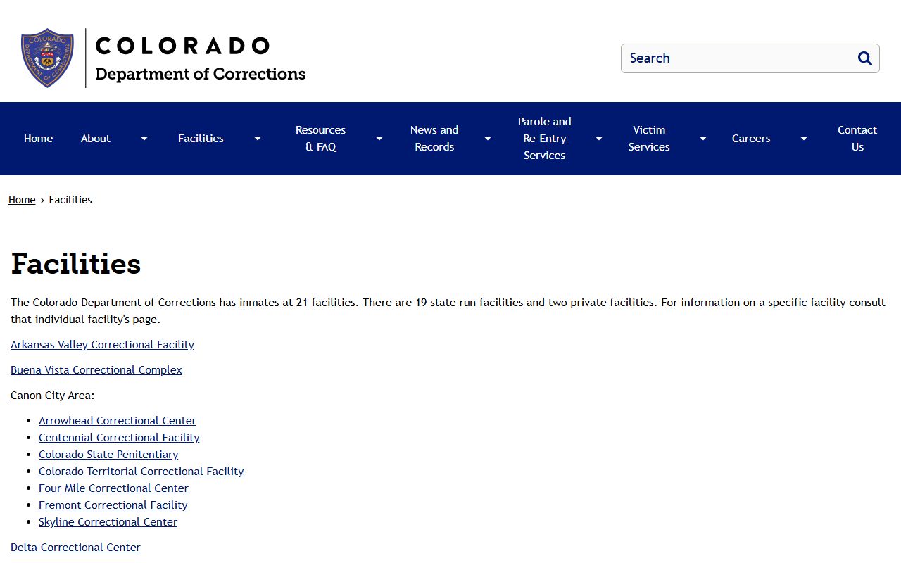 Colorado Department of Corrections facilities list including Trinidad Correctional Facility inmate population context