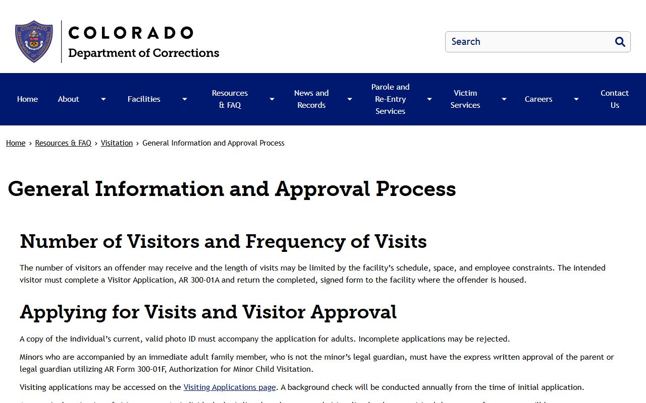 CDOC visitor approval process for Trinidad Correctional Facility visits