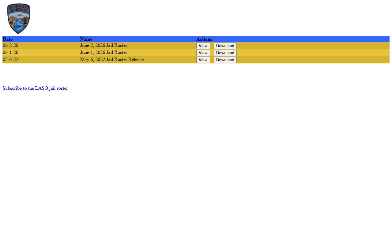 Las Animas County inmate population roster index with dated jail roster PDFs