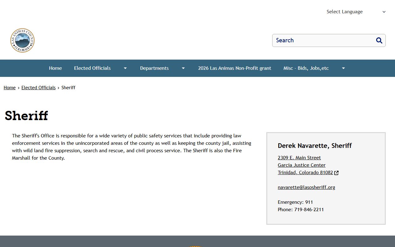 Las Animas County Sheriff's Office page for Las Animas County Detention Center contact records