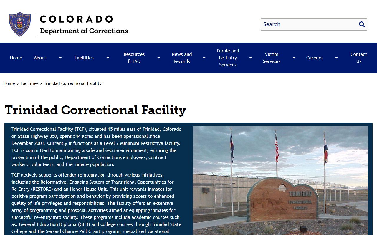 Trinidad Correctional Facility CDOC prison page for Las Animas County inmate lookup