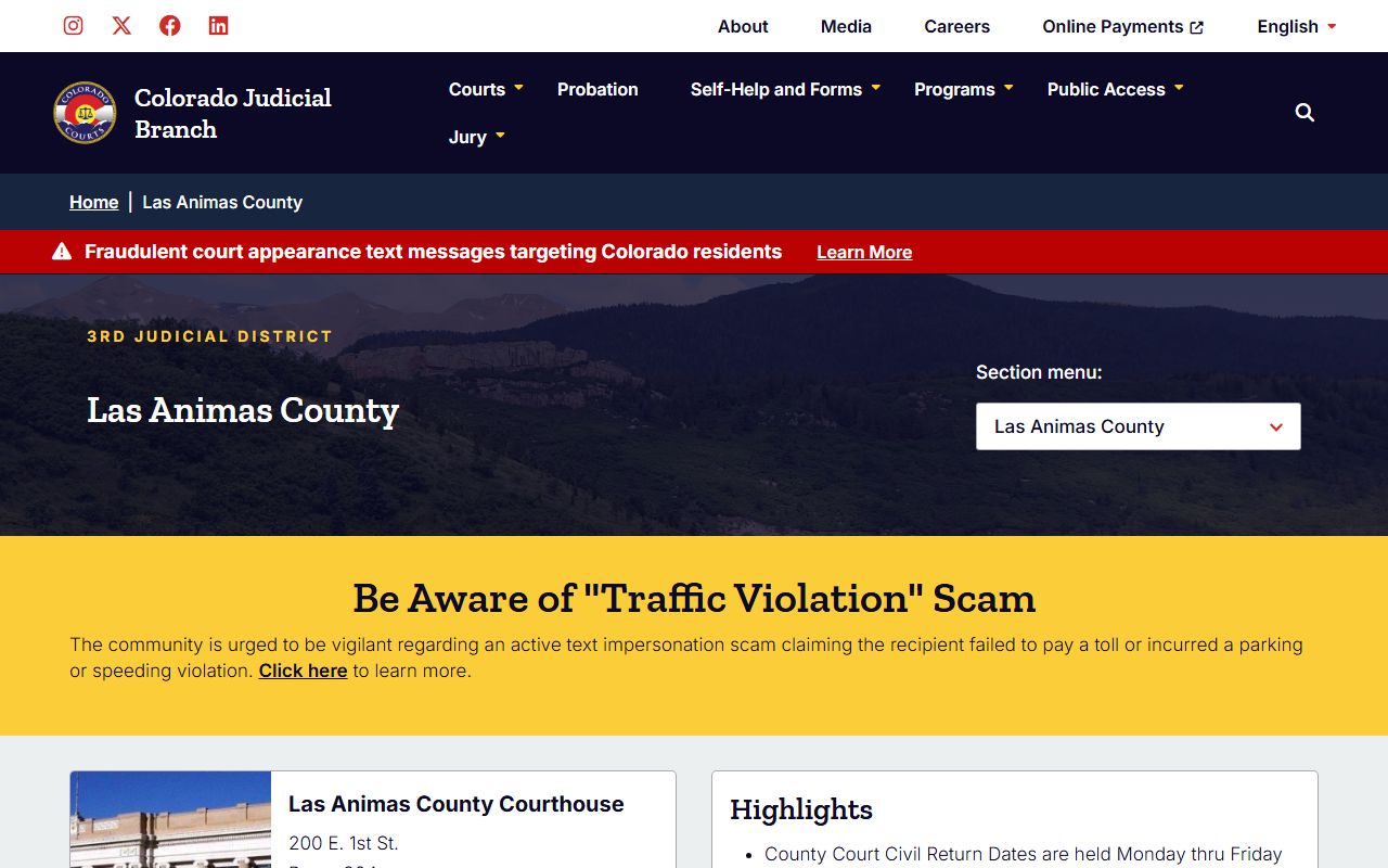 Las Animas County Colorado Judicial Branch court page with docket and records links